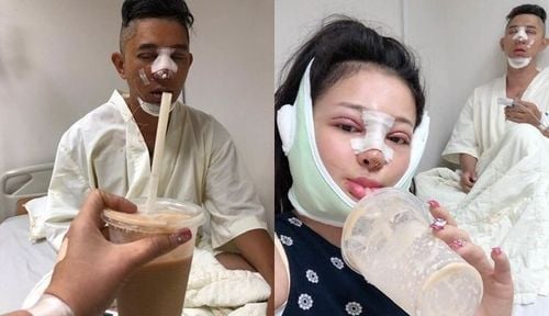 Ngân 98 sau 12 tiếng phẫu thuật thon gọn mặt (gọt góc hàm, nâng mũi, cắt mắt, nâng ngực, nâng cằm).
